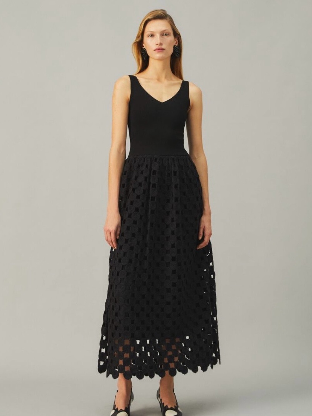 Tory Burch WOOL GUIPURE DRESS Black V-Neck Midi Dress with Lace-Crochet Bottom